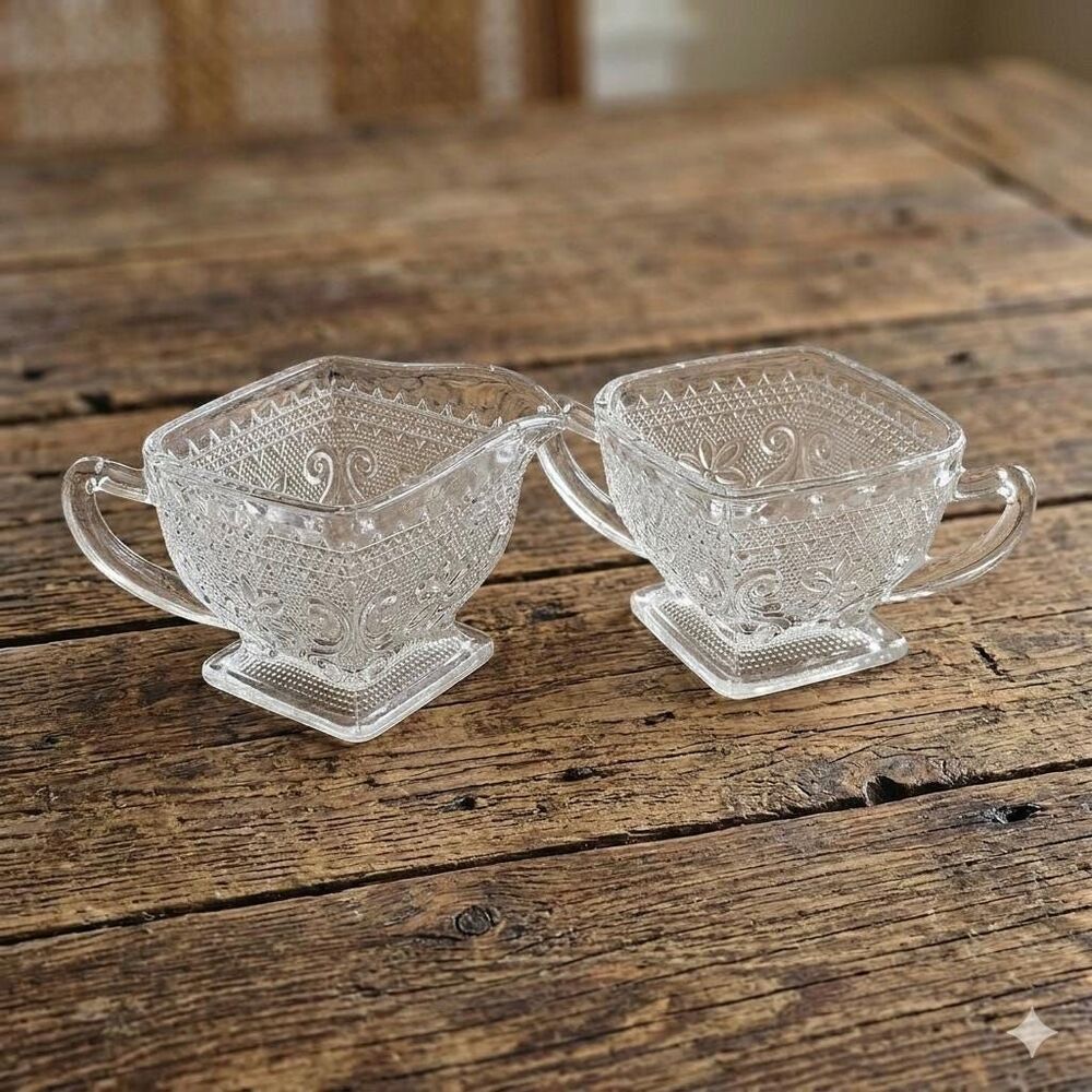 Vintage Pressed Glass Cream and Sugar Set | Ornate Victorian Style Gift Set